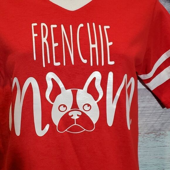 Frenchie Mom Sz Small Red White VNeck Tee T-Shirt Novelty Augusta 924 Bulldog - Picture 3 of 8
